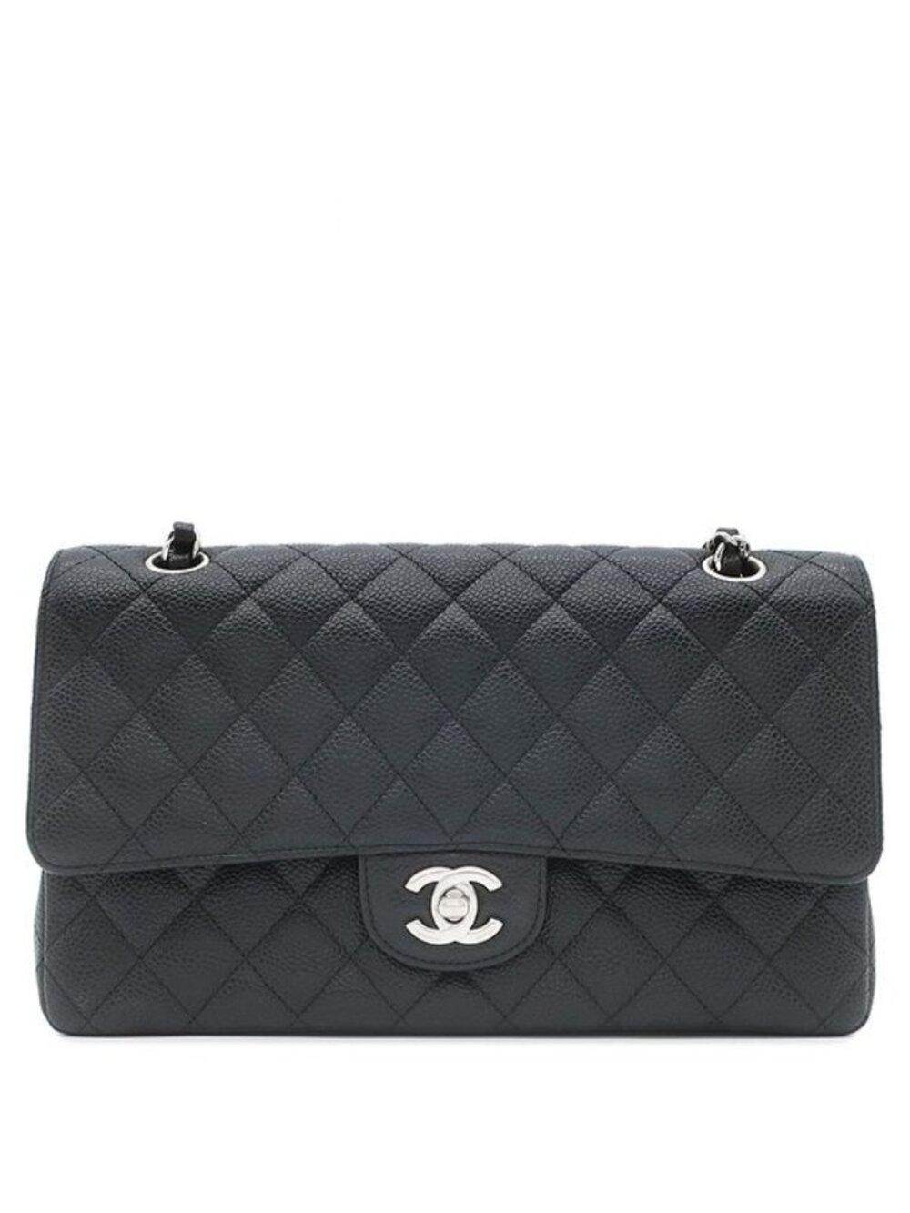 Chanel Shoulder Bag Quilted 25 Chain Caviar Leather Black Bordeaux Silver